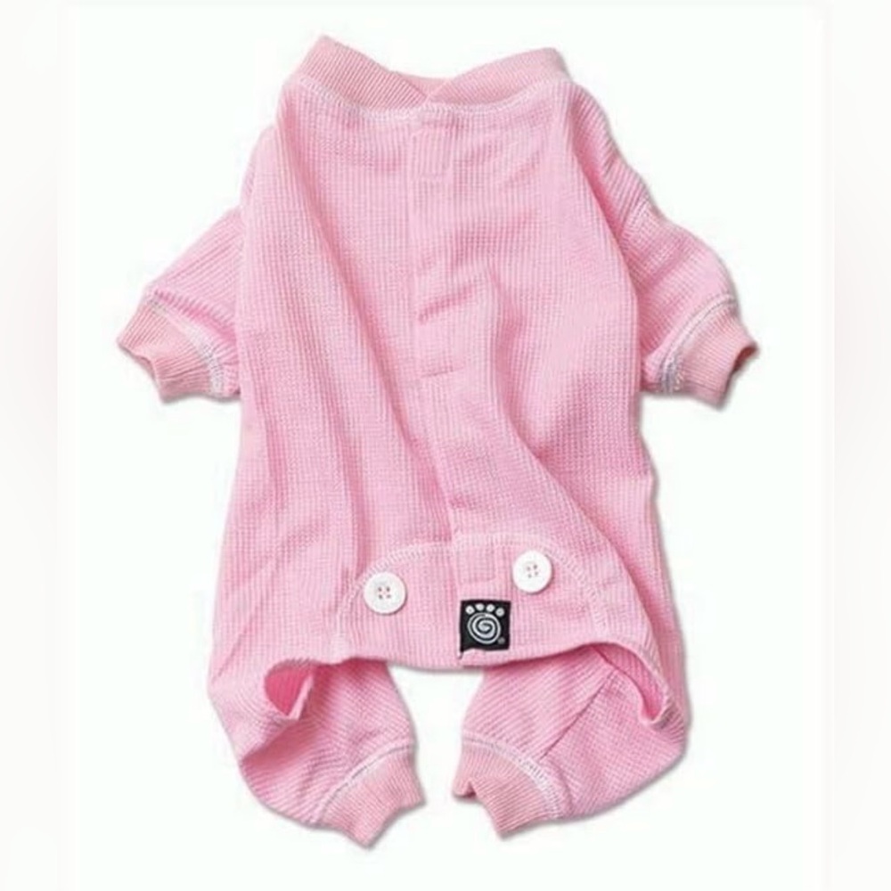 PetRageous Cozy Thermal Pajamas for Pets, Large, Pink with White Stitching.